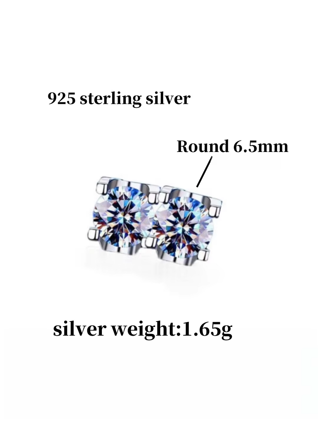 Round Moissanite Stud Earrings 925 Solid Silver Women's Fashion Earrings