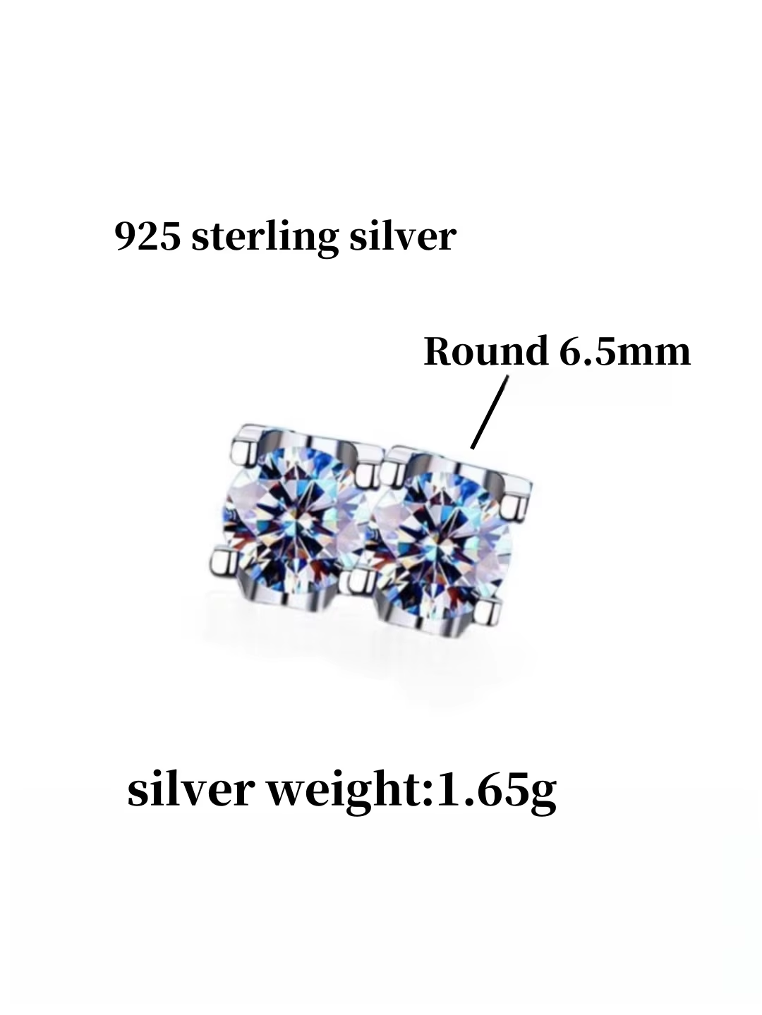 Round Moissanite Stud Earrings 925 Solid Silver Women's Fashion Earrings