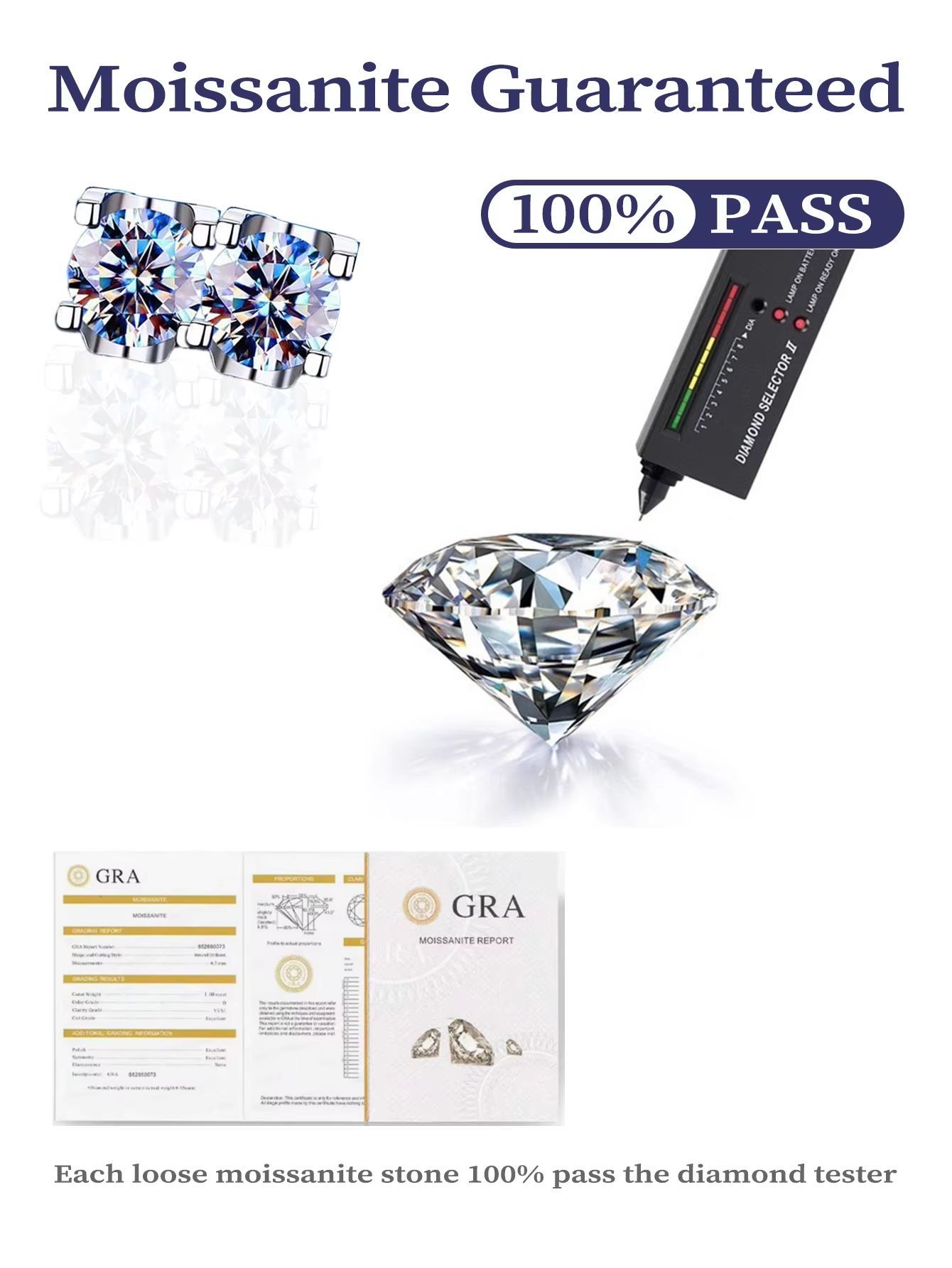 Round Moissanite Stud Earrings 925 Solid Silver Women's Fashion Earrings